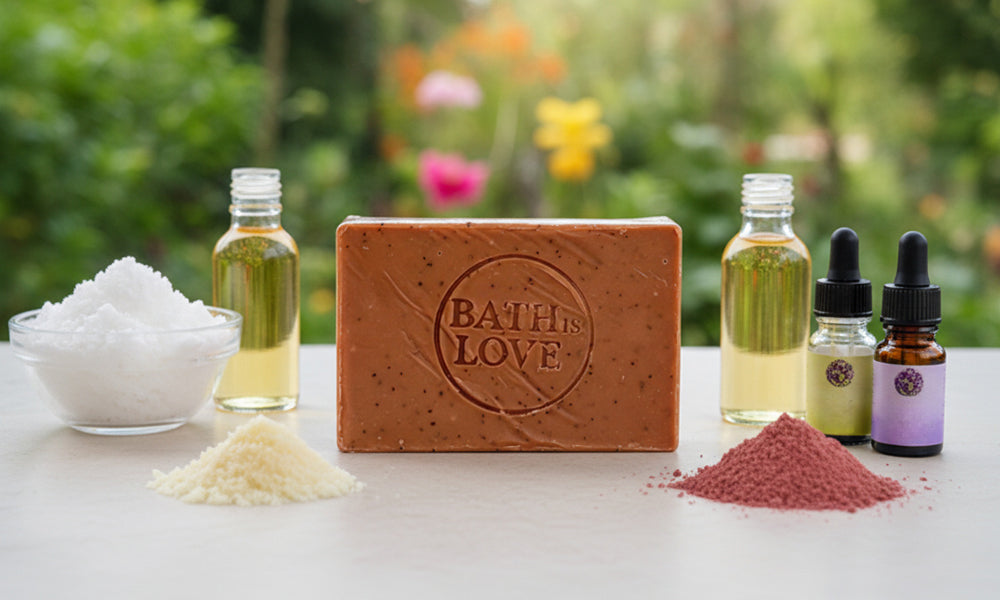 Bath Love soap bar with various ingredients on a table outdoors