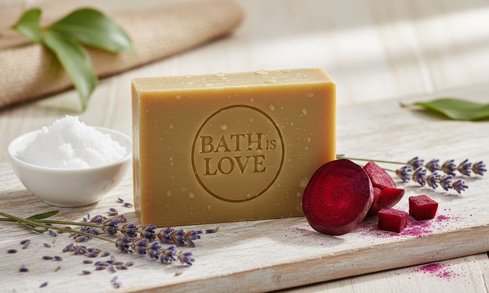 Bar of soap with 'Bath is Love' branding on a wooden surface with lavender and beetroot.
