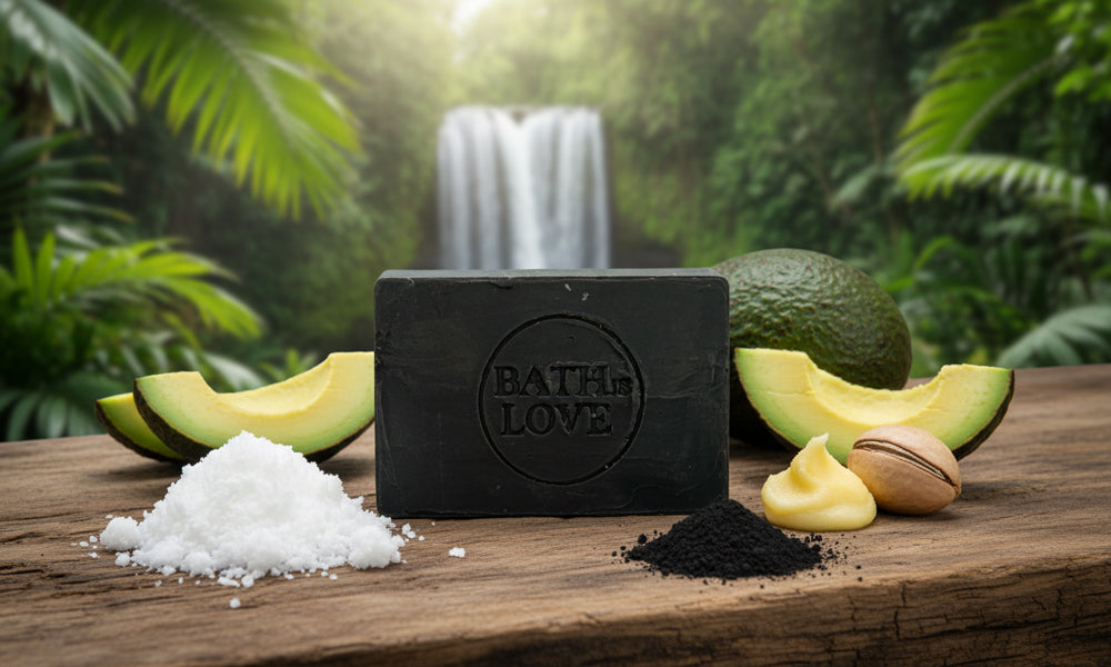 Bar of soap with 'Bath & Love' branding on a wooden surface with avocados and salt, set against a natural background with a waterfall.