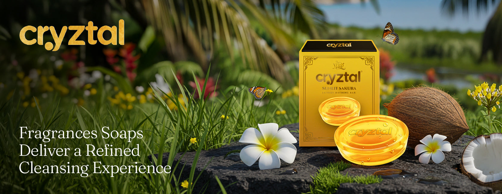 Cryztal fragrances soaps with packaging on a natural background featuring flowers and a butterfly.