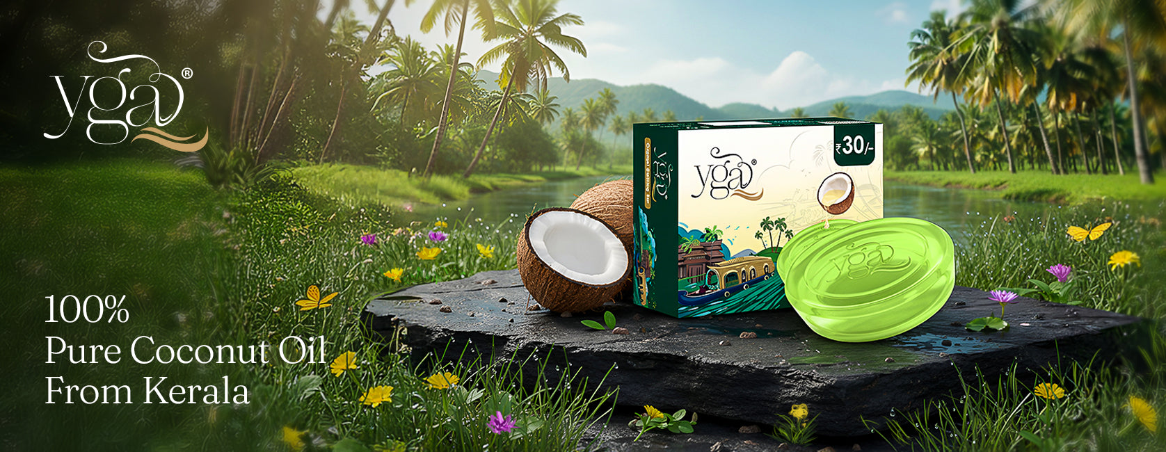 Yoga coconut oil packaging with a scenic background