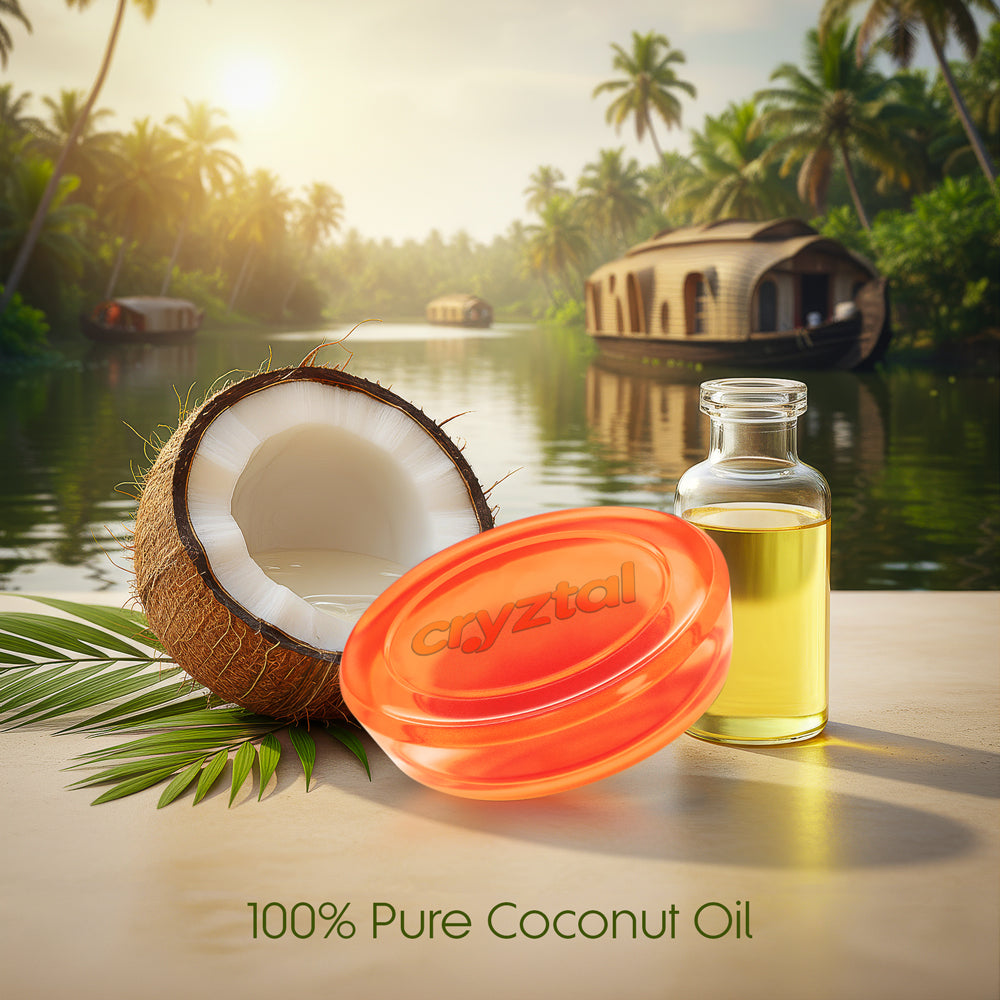 Coconut, coconut oil bottle, and soap on a wooden surface with a tropical background