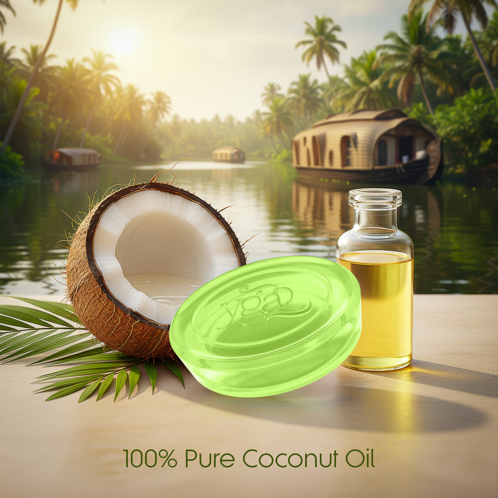 Coconut oil bottle, half coconut, and green lid on a wooden surface with a tropical background.