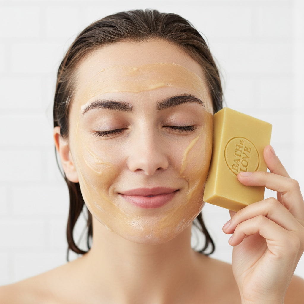 Woman applying a bar of soap to her face with a white background
