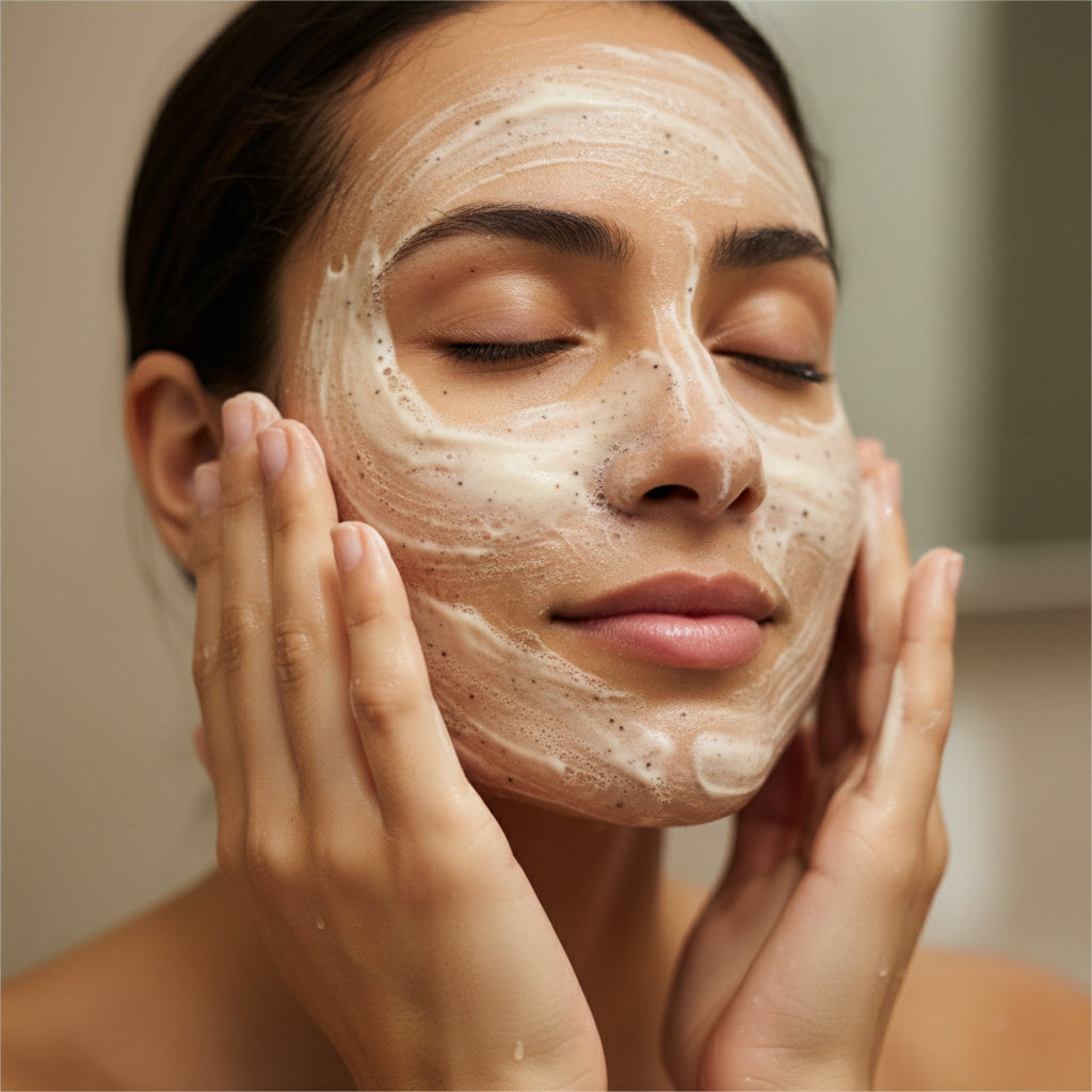 Woman applying a facial mask to her face with a neutral background