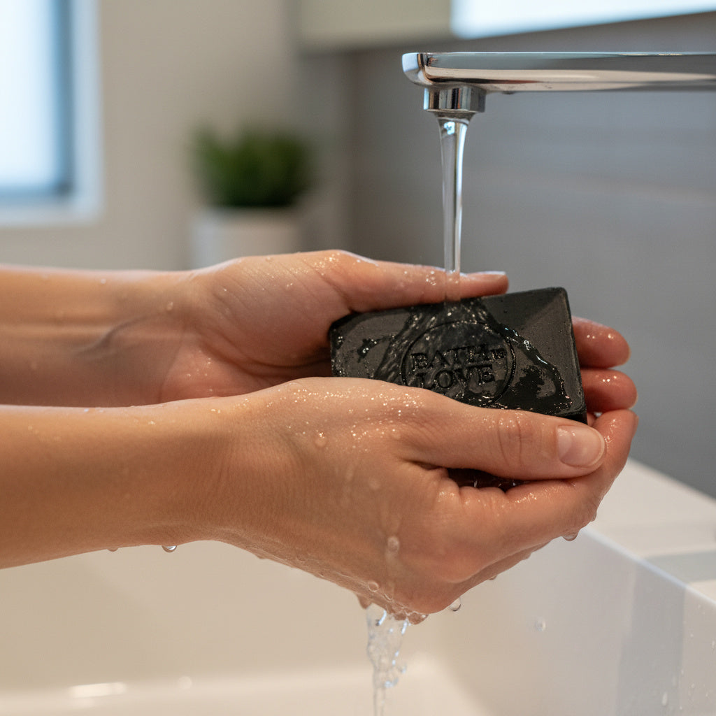 Person washing a black soap bar under running water in a bathroom setting.