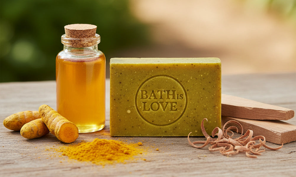 Bar of soap with 'Bath is Love' branding, bottle of oil, and turmeric roots on a wooden surface.