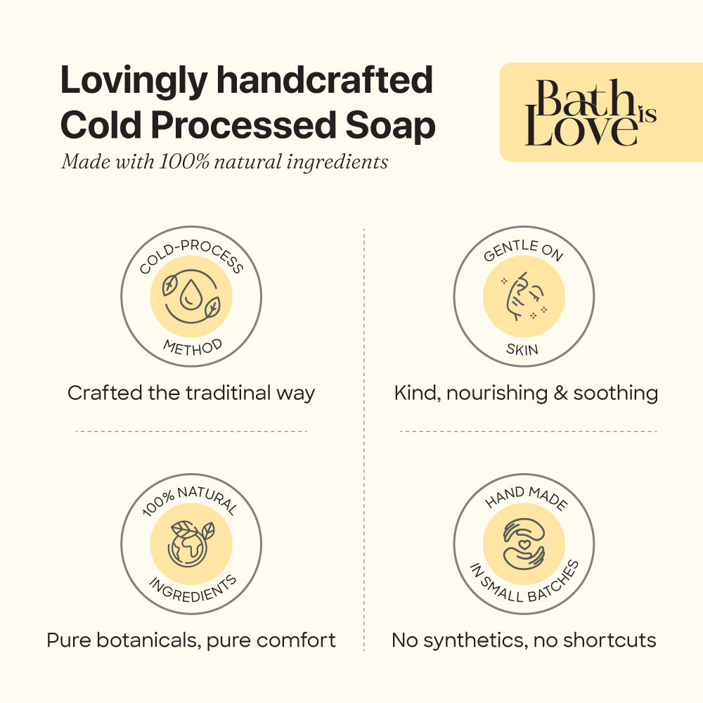 Advertisement for Bath Love cold-processed soap with icons and text about natural ingredients and traditional crafting methods.