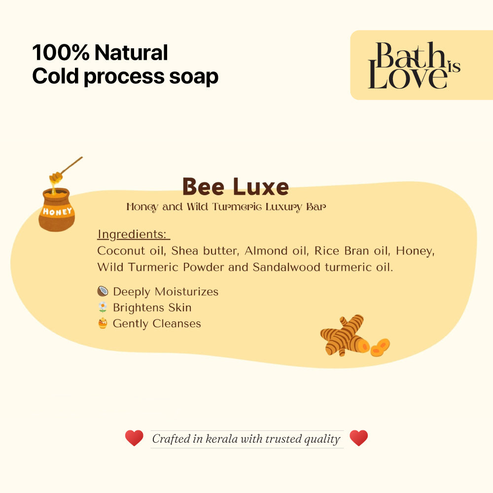 Advertisement for Bath & Love Bee Luxe soap bar with ingredients and benefits listed.