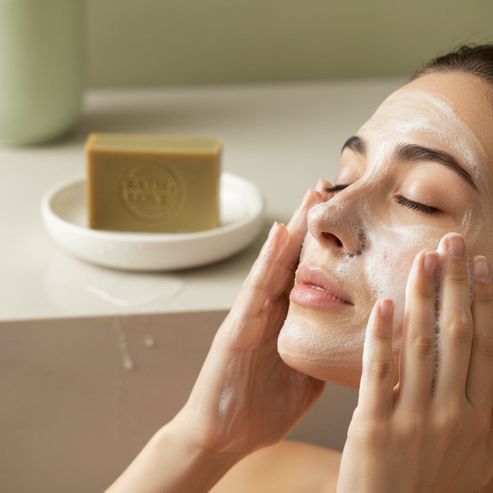 Woman applying facial mask with a bar of soap on a white plate in the background