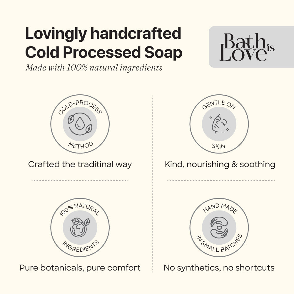 Advertisement for Bath Love cold-processed soap with icons and text about natural ingredients and traditional craftsmanship.
