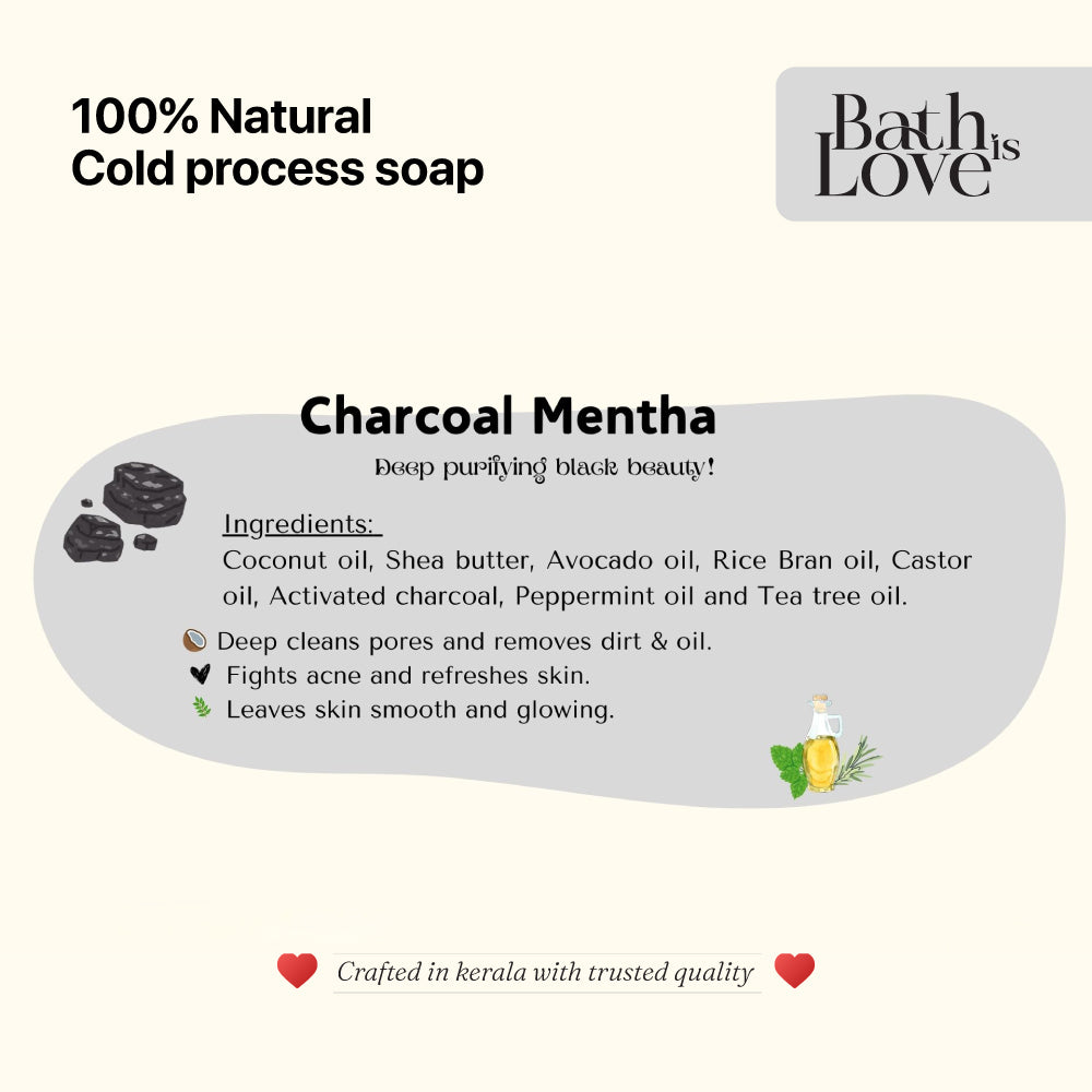 Bath Love Charcoal Mentha soap description with ingredients and benefits on a white background