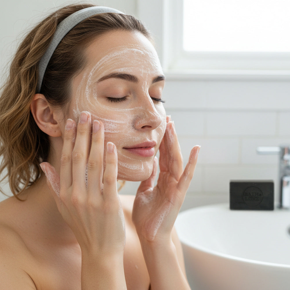 Woman applying facial mask in a bathroom setting