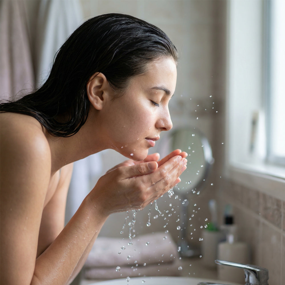 Woman washing her face with water in a bathroom