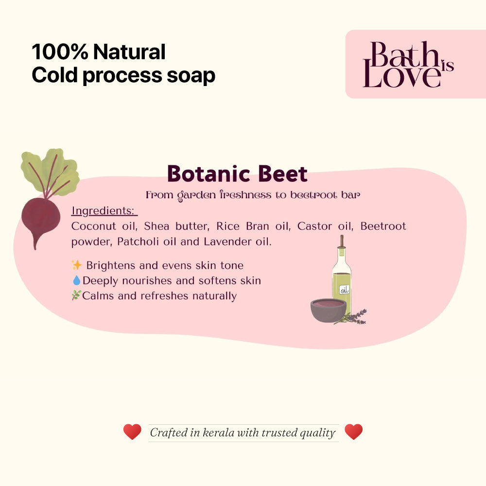 Advertisement for Bath is Love Botanic Beet soap with ingredients listed on a white background.
