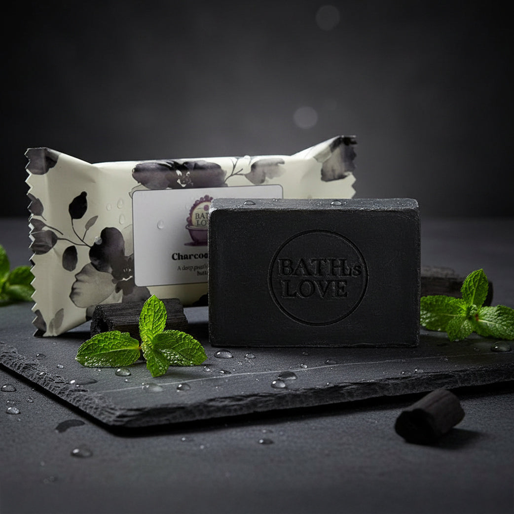 Black soap bar with 'Bath of Love' branding on a dark surface with mint leaves.