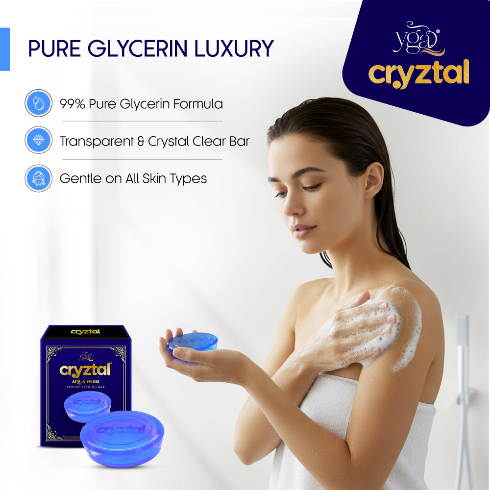 Woman applying soap to her shoulder with 'cryztal' branding and product details.