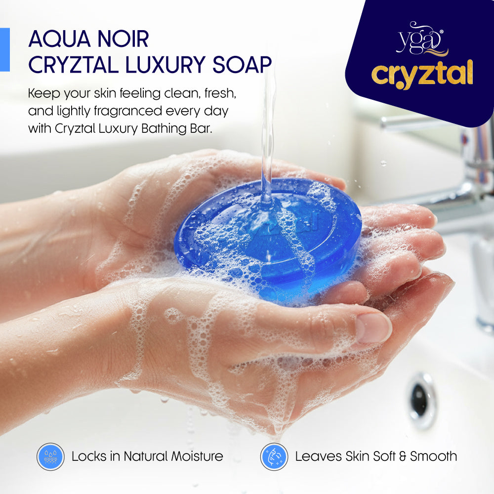 Cryztal Luxury Soap being used with hands under running water, featuring the Cryztal brand.