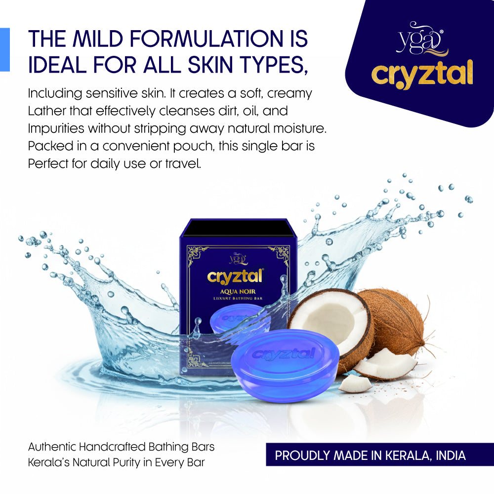 Cryztal bath bar packaging with coconut and water splash on a white background