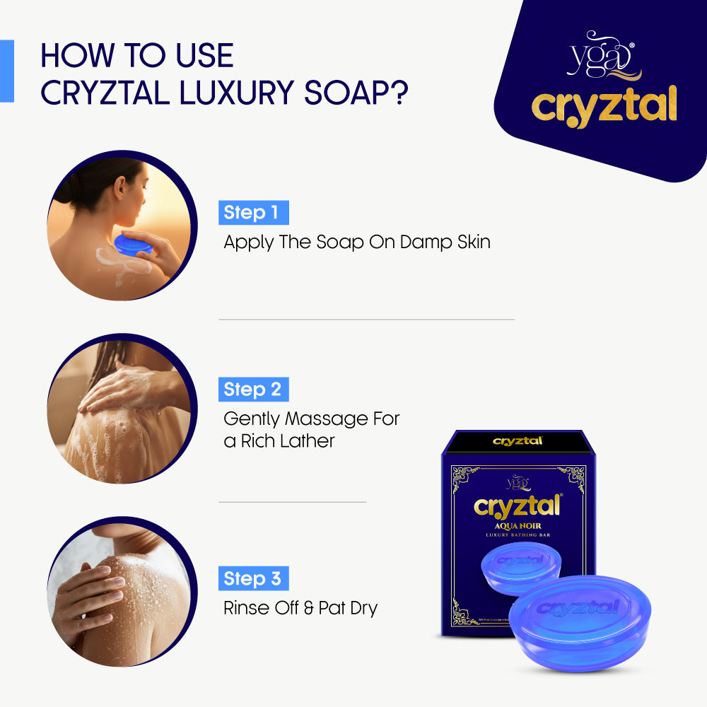 Instructions on how to use Cryztal Luxury Soap with product packaging and usage steps displayed.