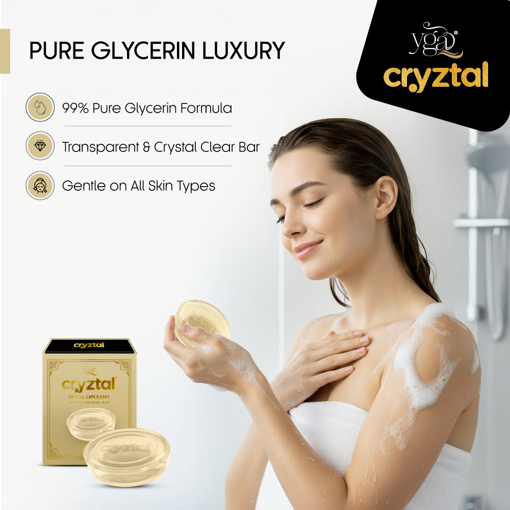 Woman applying soap to her skin with 'cryztal' branding and product details.