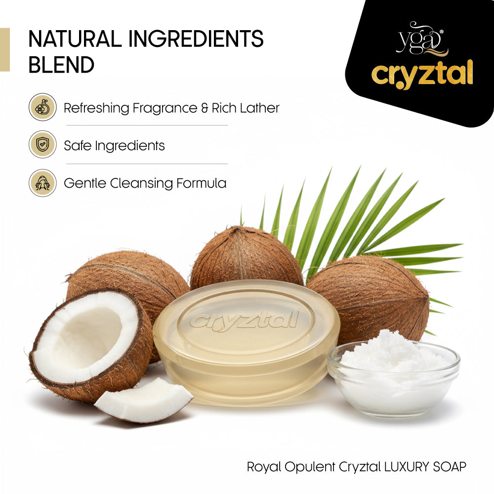 Cryztal luxury soap with coconuts and palm leaves on a white background