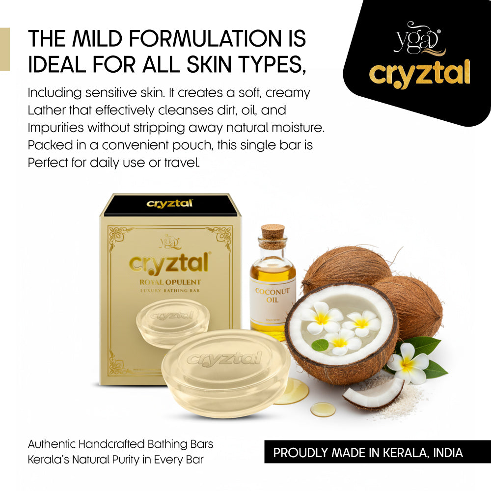 cryztal bath products including soap, oil, and packaging with coconut and flowers on a white background.