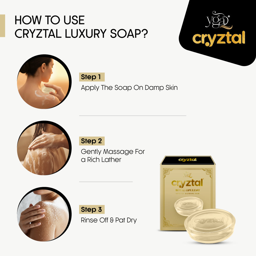 Instructions on how to use Cryztal Luxury Soap with product packaging and usage steps.