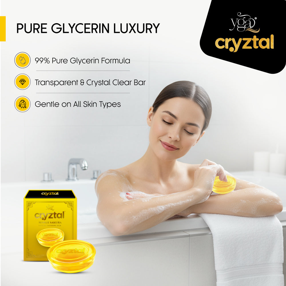 Cryztal soap packaging with a woman in a bathtub, highlighting pure glycerin luxury.