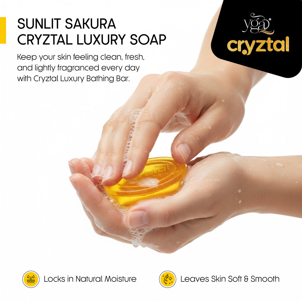 Cryztal Luxury Soap being held between hands with product and brand name displayed.