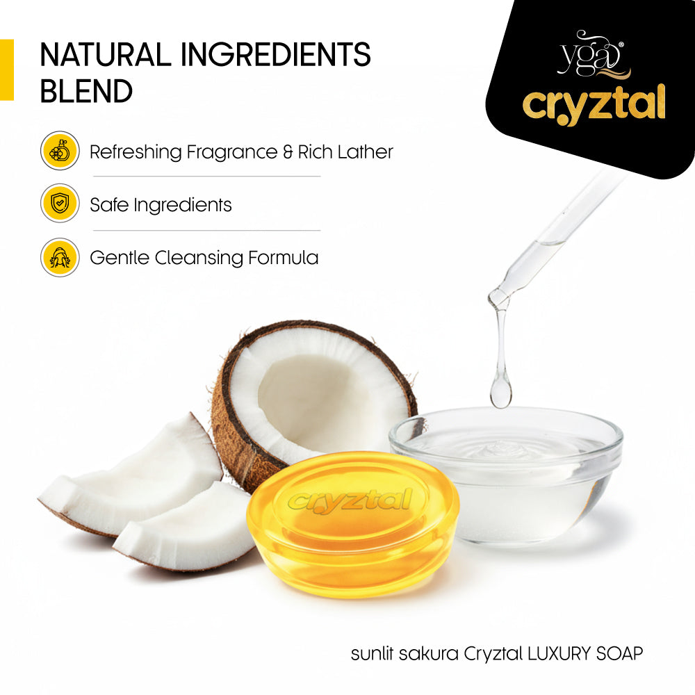 Cryztal luxury soap with coconut and a dropper, featuring natural ingredients blend.