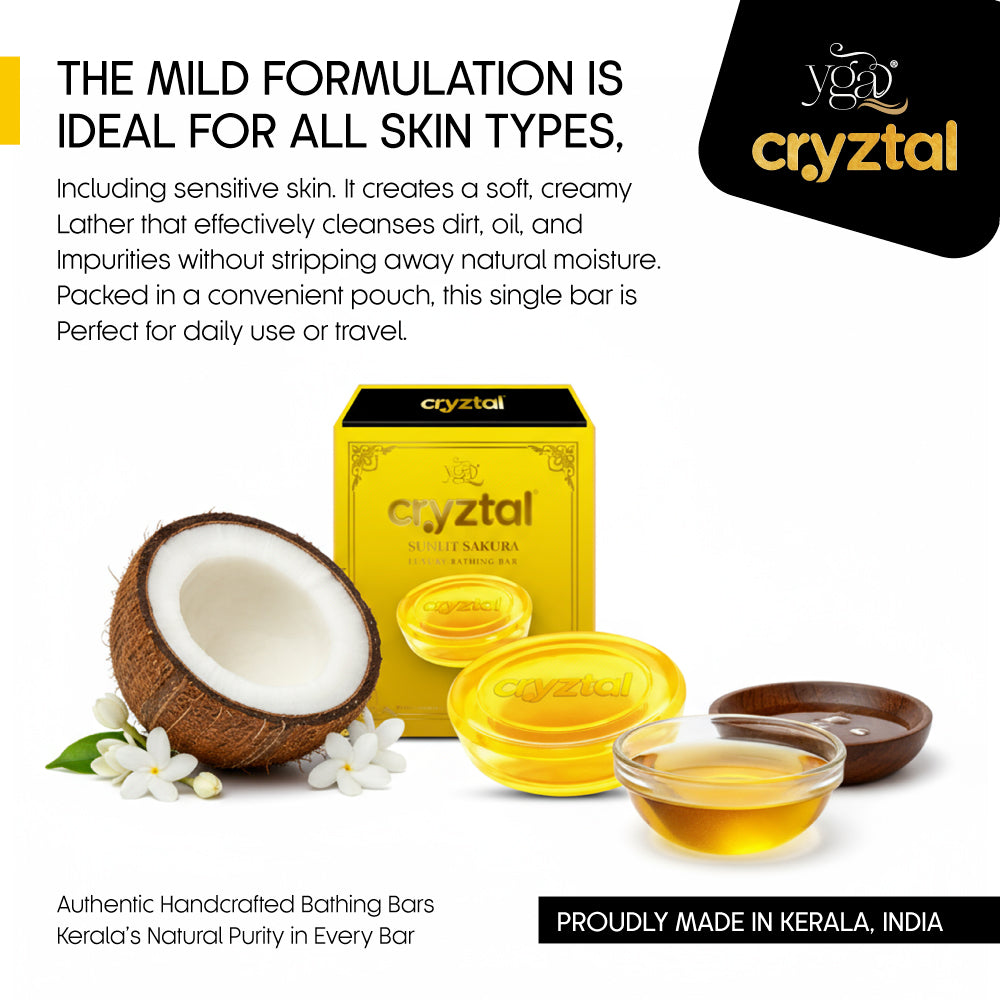 Cryztal bath bar packaging with coconut and text about product benefits on a white background