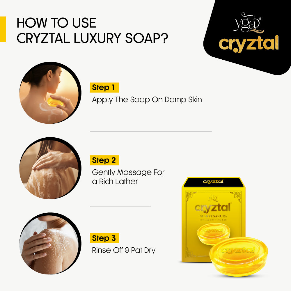 Instructions on how to use Cryztal Luxury Soap with product packaging and usage steps.