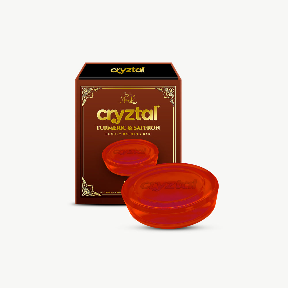 Red soap bars with 'cryztal' branding next to a brown packaging box on a white background