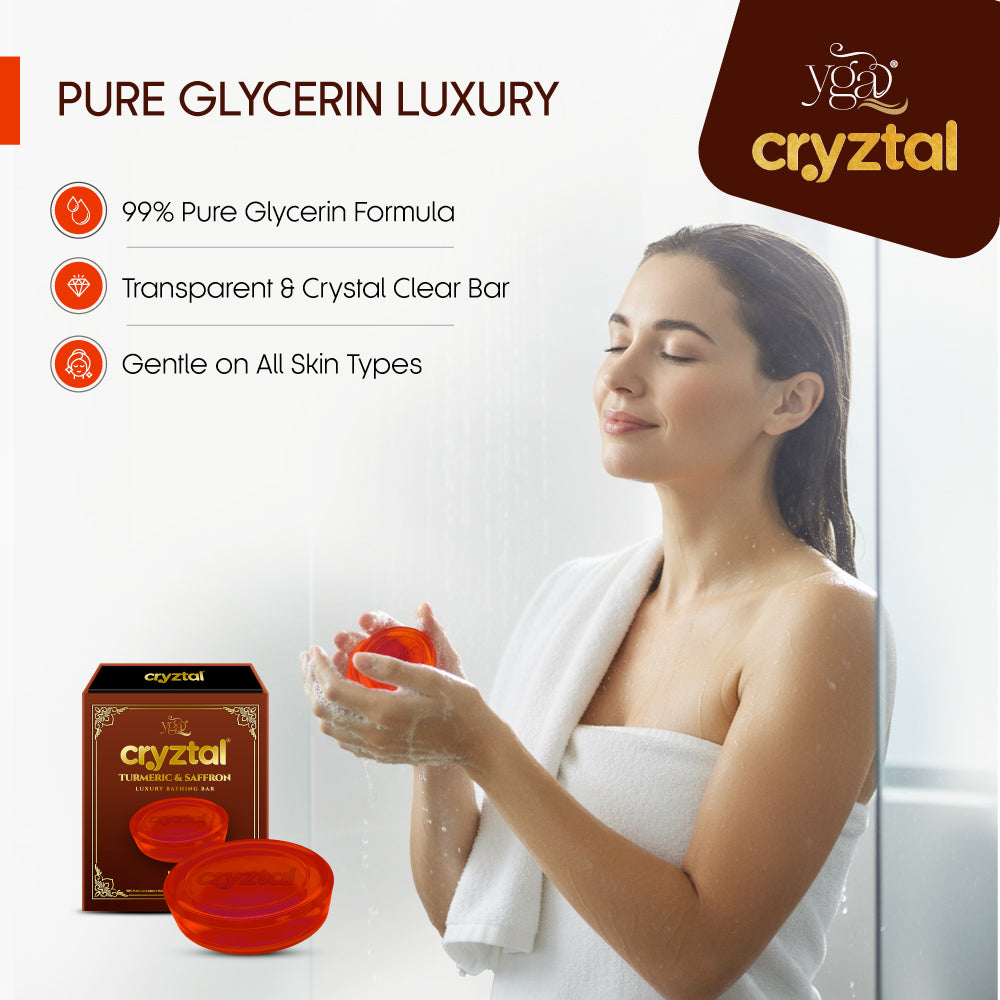 Woman holding a red soap bar with 'cryztal' branding, featuring product benefits on a white background.
