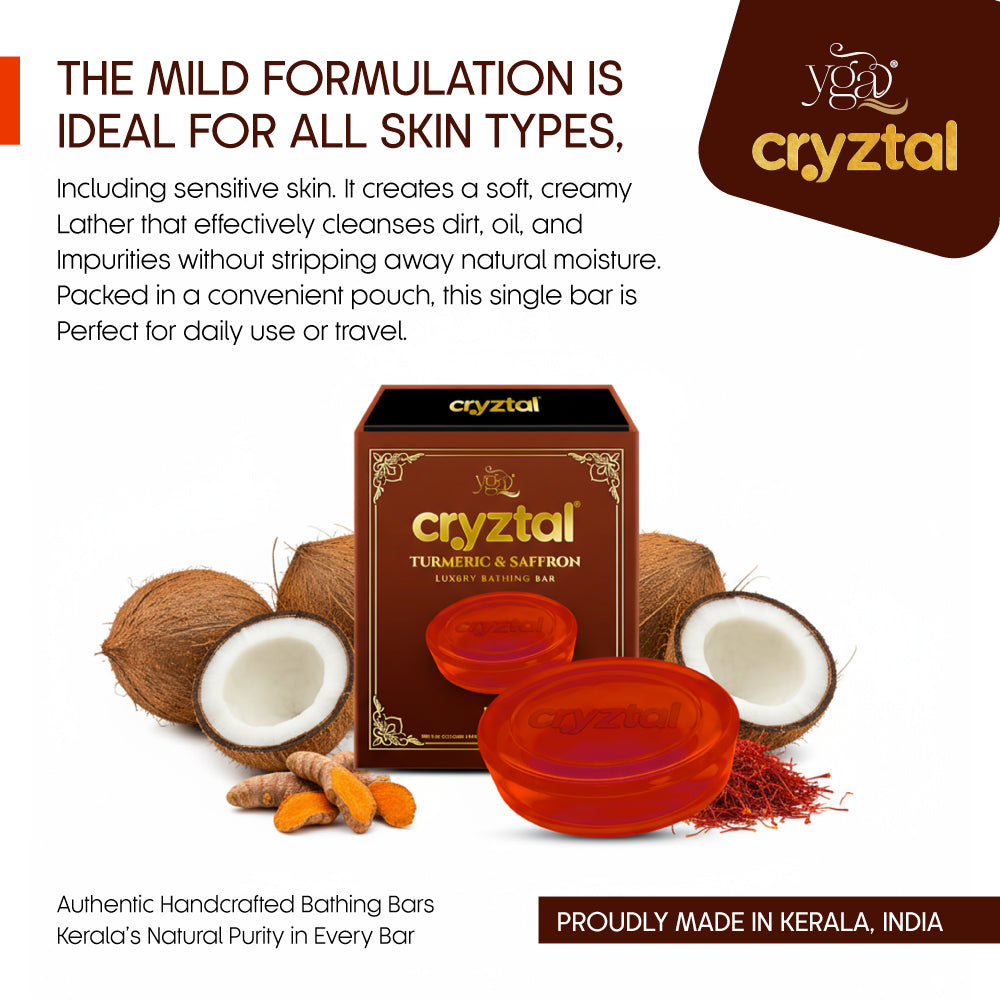 cryztal Turmeric & Saffron Bathing Bar packaging with coconuts and turmeric roots on a white background