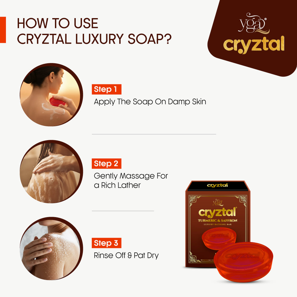 Instructions on how to use Cryztal Luxury Soap with product packaging and usage steps.