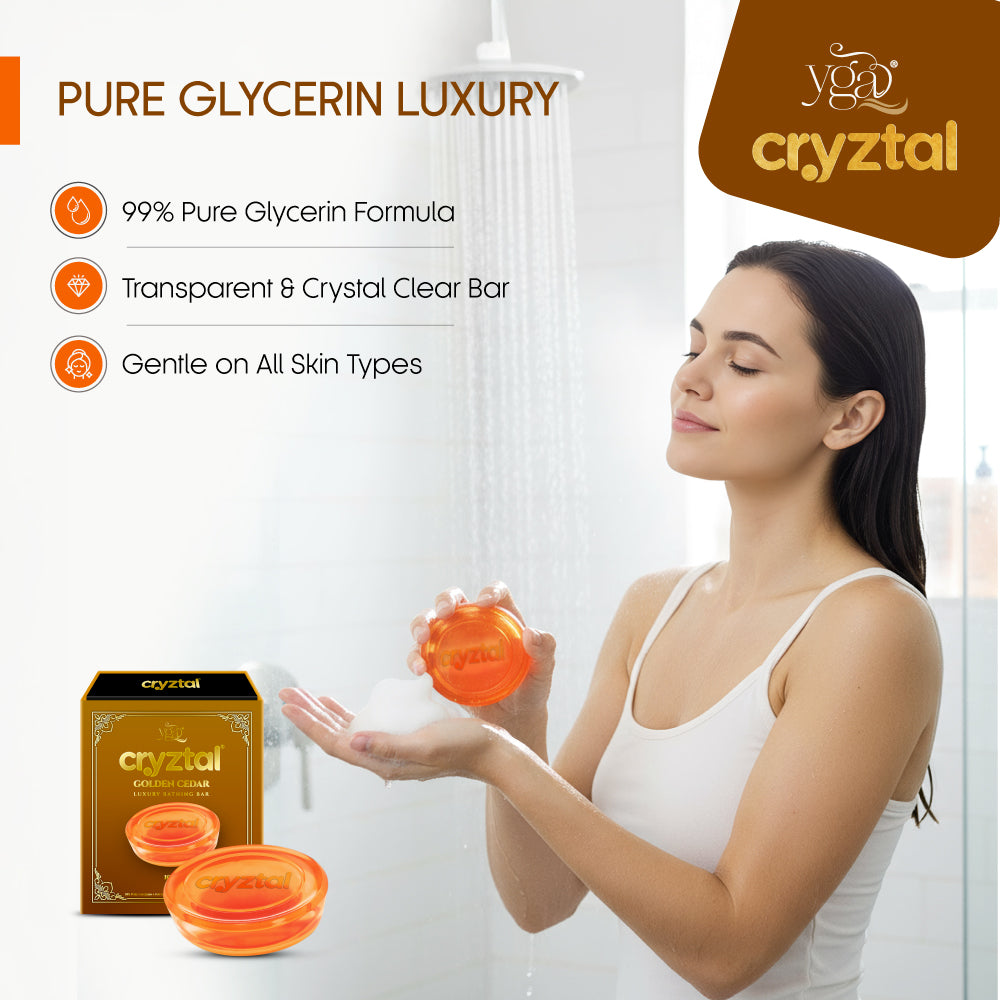 Woman holding a crystal clear soap bar with 'cryztal' branding and product features listed.