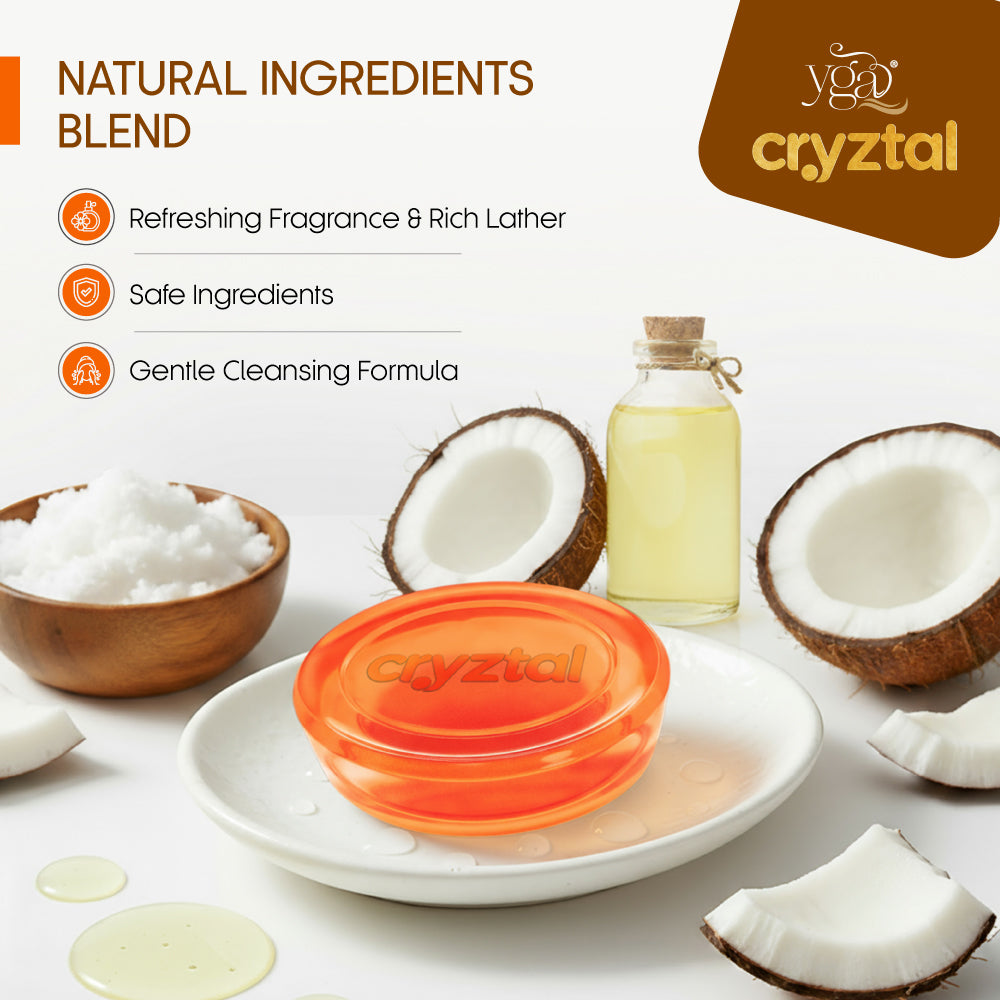 Cryztal product with natural ingredients including coconuts and oil on a white background