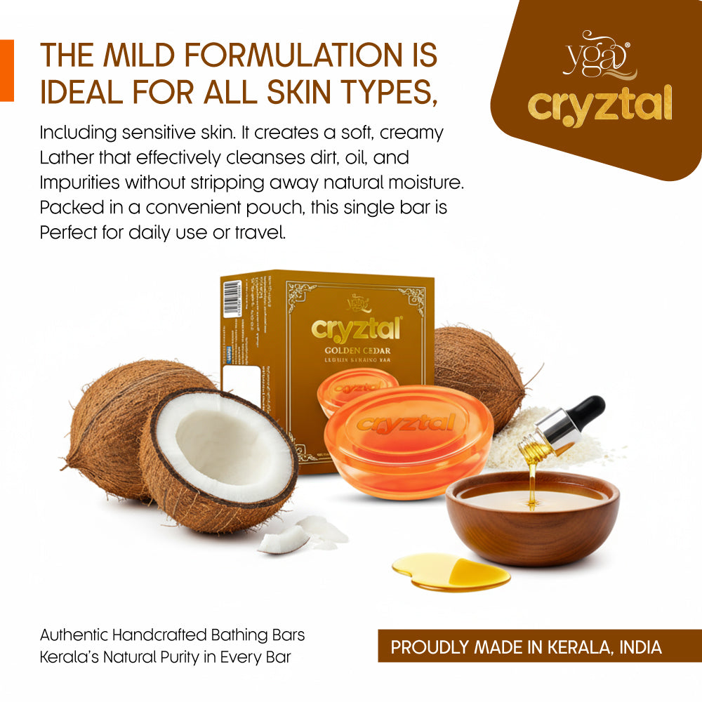 Cryztal bath bar packaging with coconuts and oils on a white background