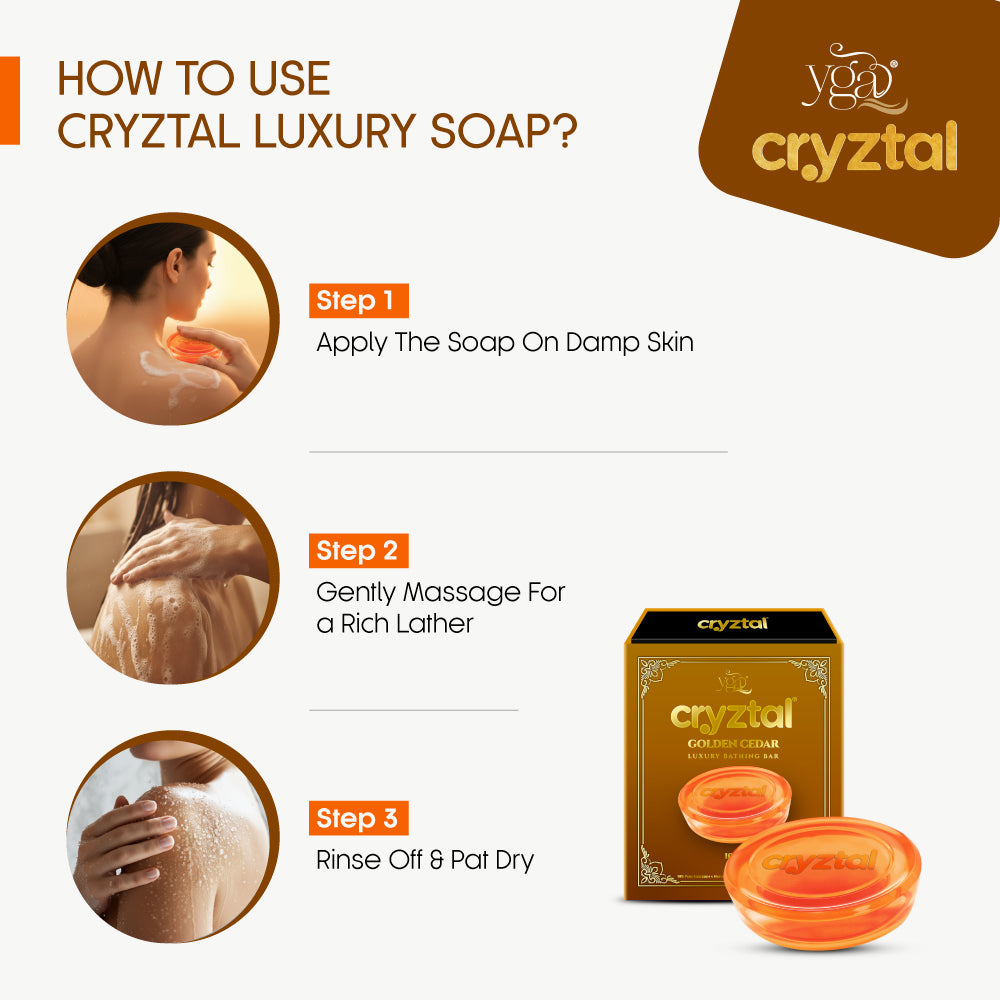 Instructions on how to use Cryztal Luxury Soap with product packaging and usage steps.