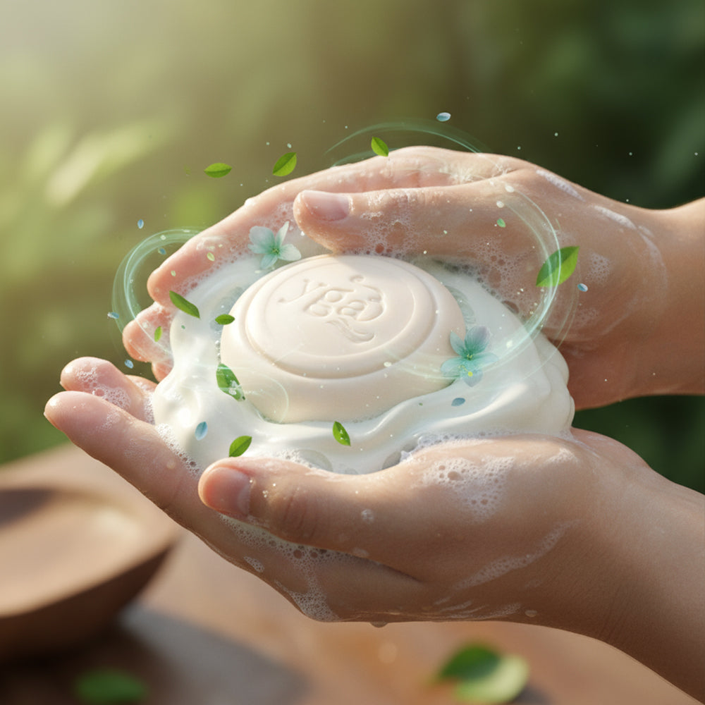 Hands holding a bar of soap with green leaves on a natural background