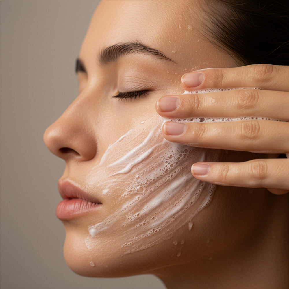 Woman applying a skincare product to her face with a neutral background