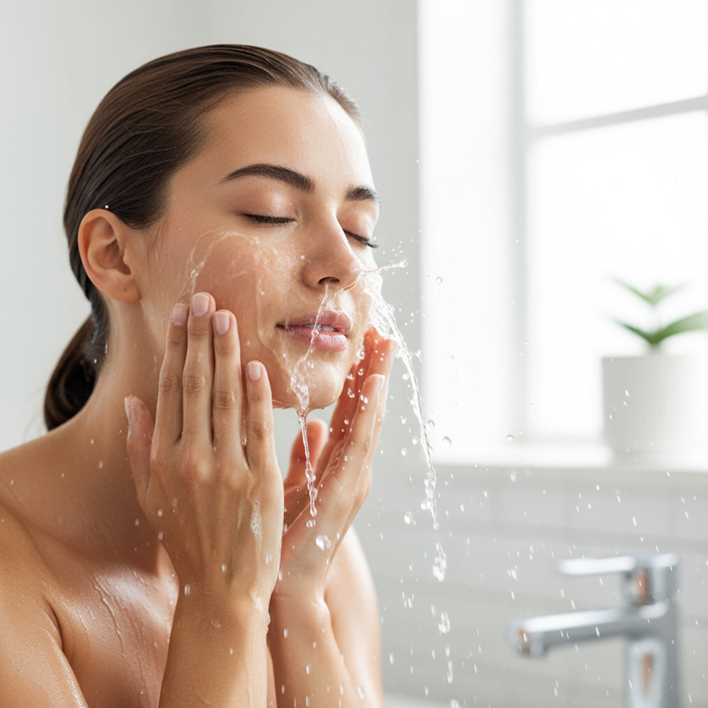 Woman washing her face with water in a bathroom setting