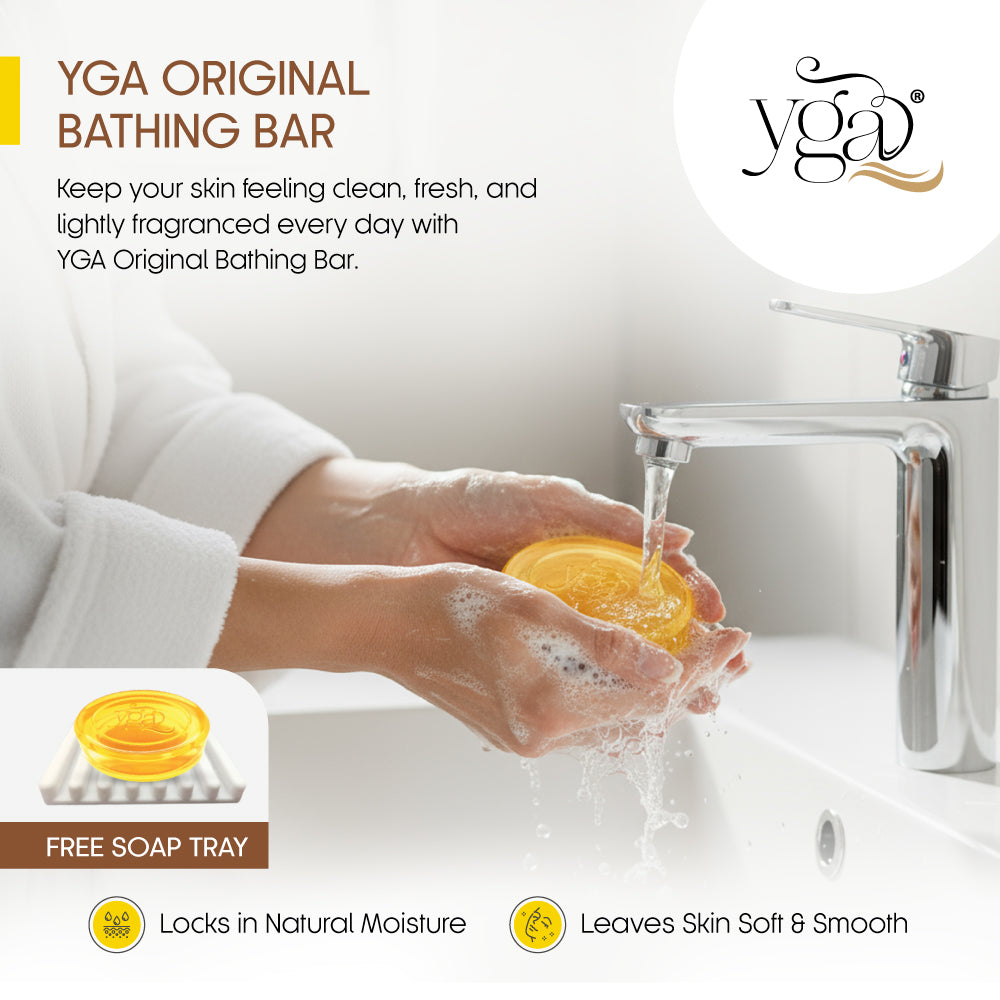 Advertisement for YGA Original Bathing Bar showing hands washing with soap under a faucet.
