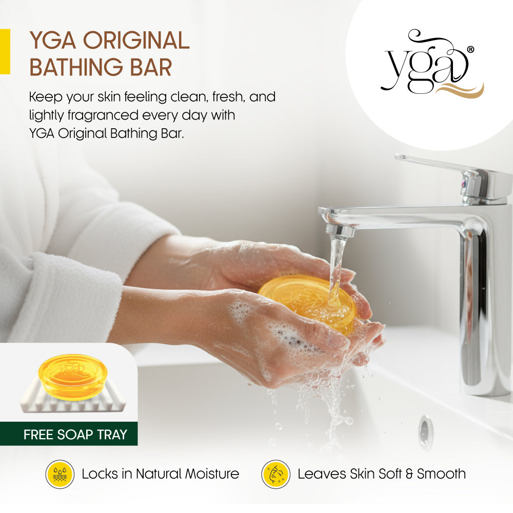 Advertisement for YGA Original Bathing Bar showing hands washing with soap under a faucet.