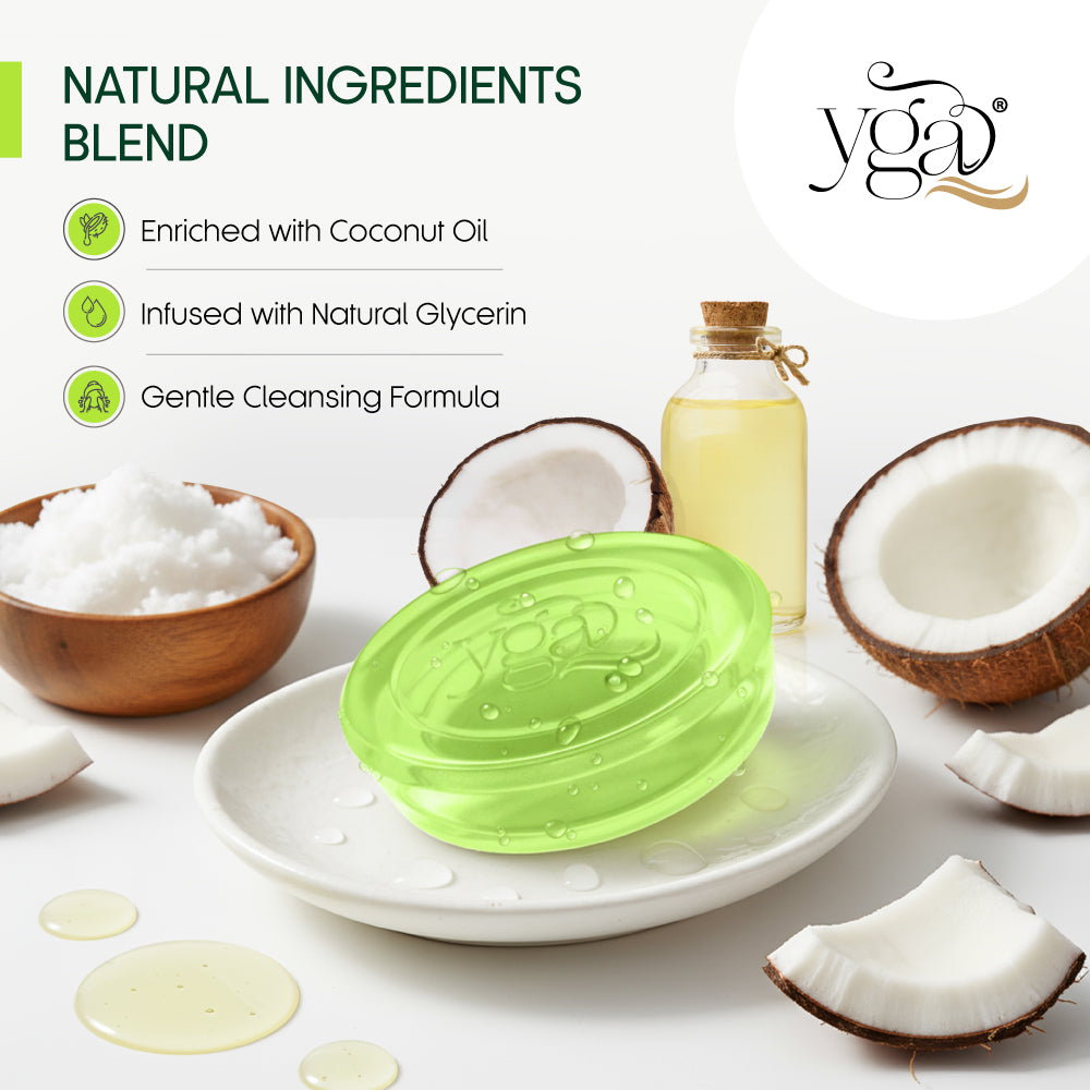 Green soap bar on a white plate with coconut and oil ingredients, Yga brand visible