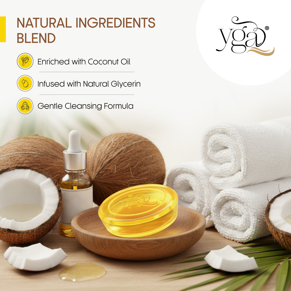 YGA natural ingredients blend with coconuts, oil, and soap on a wooden surface.