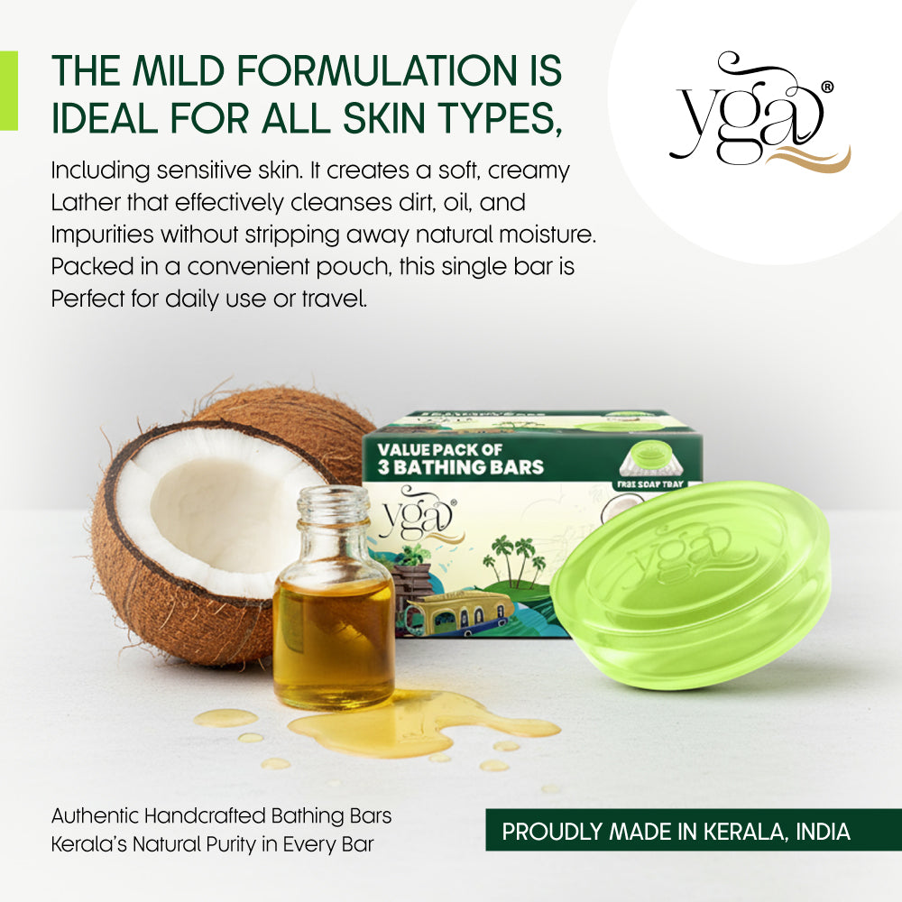 YGA bath products including a coconut, bottle of oil, and soap on a white background with text about the product.