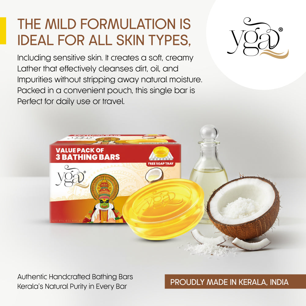 YGA bathing bars with packaging, coconut, and oil on a white background